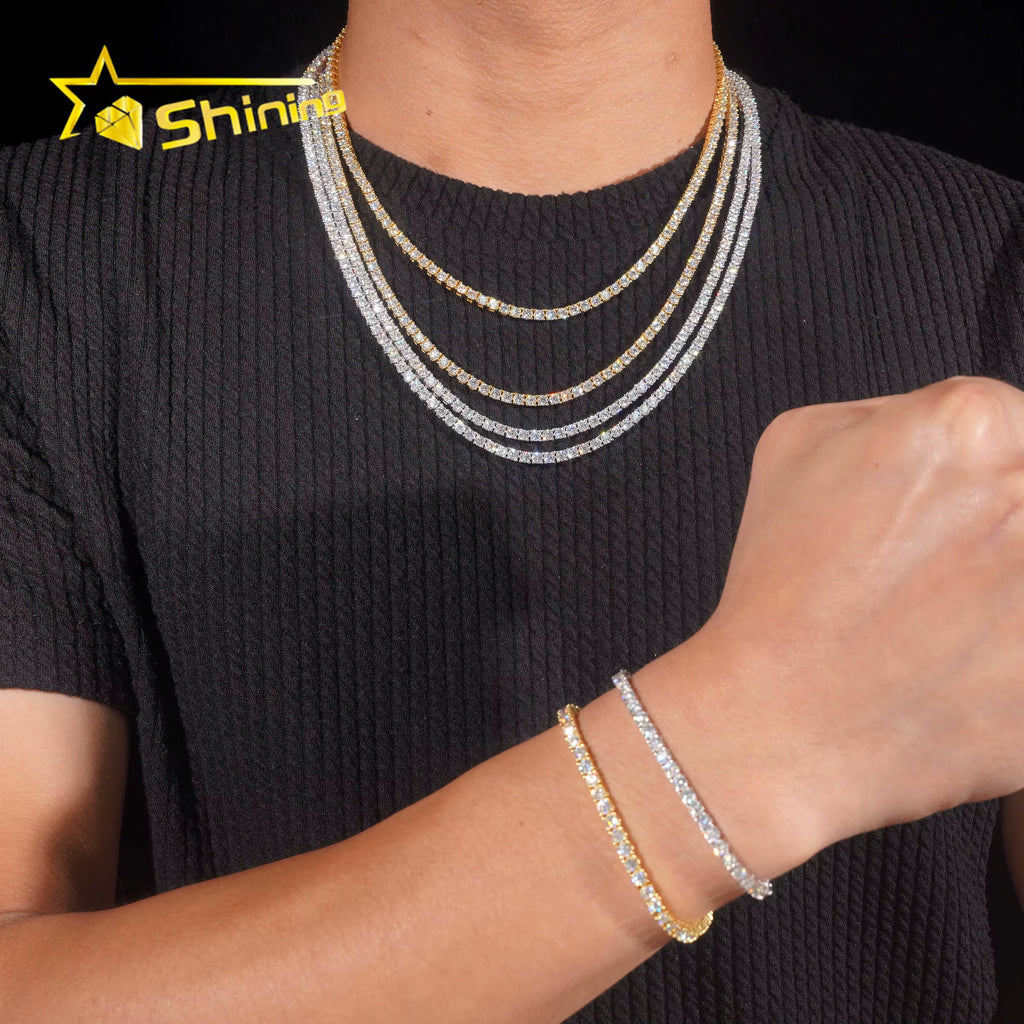 USA Warehouse Large Stock GRA Cert 3MM 925 Solid Silver Hip Hop Iced Out VVS Moissanite Diamond Tennis Chain Bracelet Necklace
