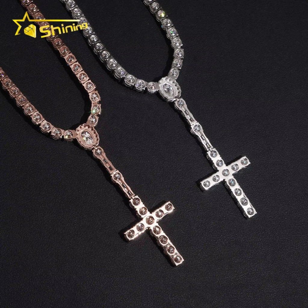 Local Stock Fast Shipping 925 Sterling Silver Moissanite Cross Pendant Necklace 5Mm Rosary Tennis Chain