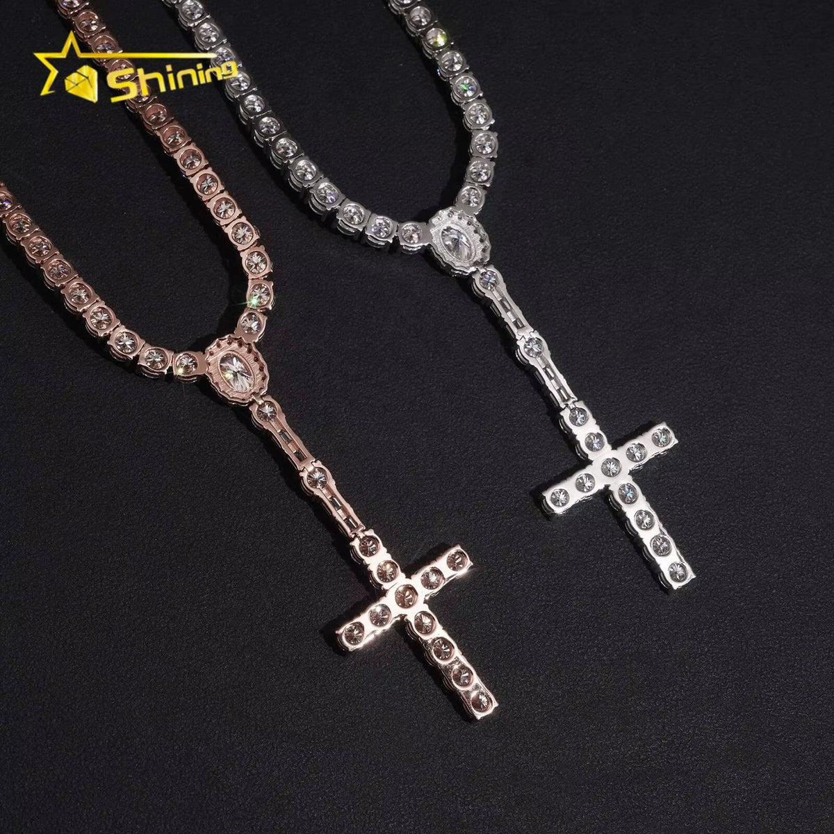 Local Stock Fast Shipping 925 Sterling Silver Moissanite Cross Pendant Necklace 5Mm Rosary Tennis Chain