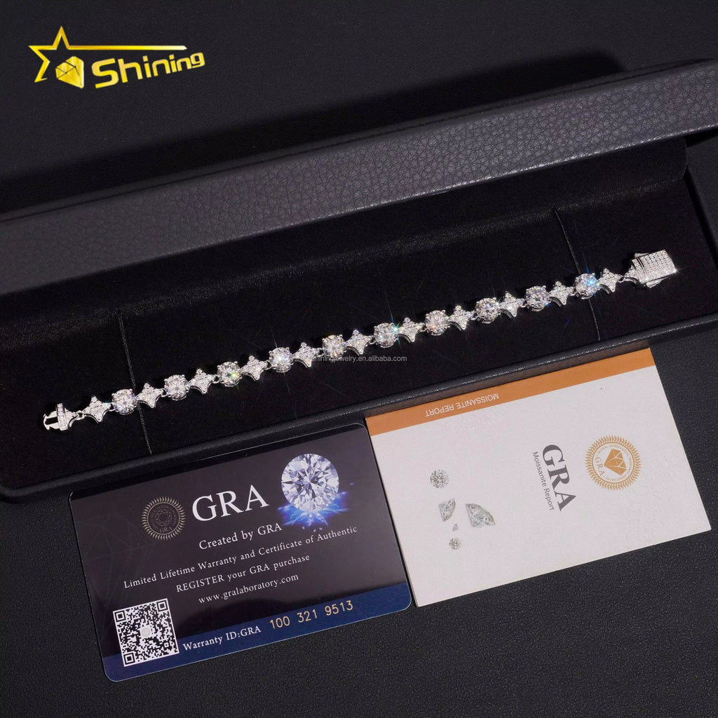 Stock in USA Warehouse Hip Hop Fire Jewelry 6.5Mm Moissanite Prong Setting S925 Solid Silver Iced Out round Tennis Bracelet