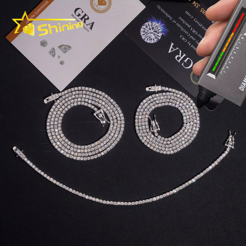 USA Warehouse Local Stock 2Mm Tennis Chain 925 Solid Silver Hip Hop Iced Out GRA Moissanite Diamond Sparkling Tennis Chain