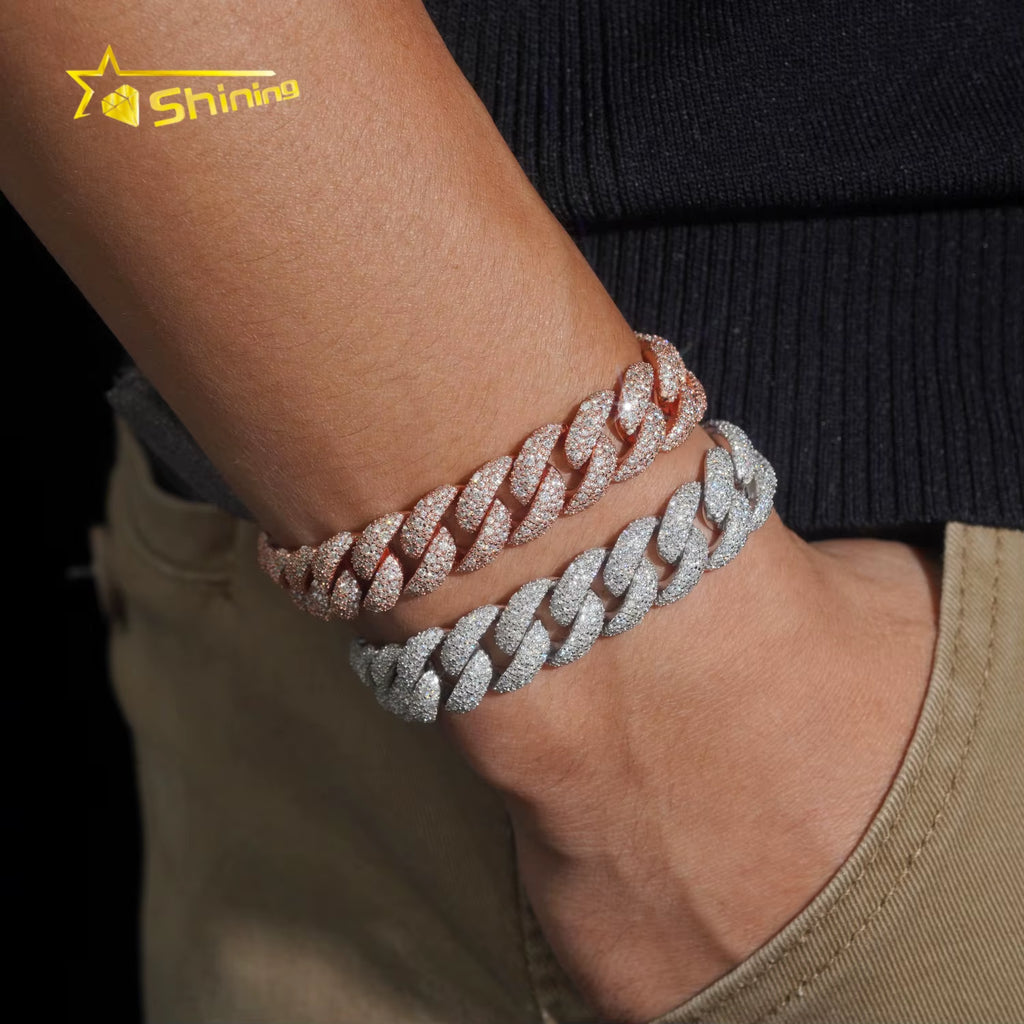 USA Warehouse Local Stock 14Mm Bracelet 925 Solid Silver Hip Hop Iced Out GRA Moissanite Diamond Sparkling Cuban Link Bracelet