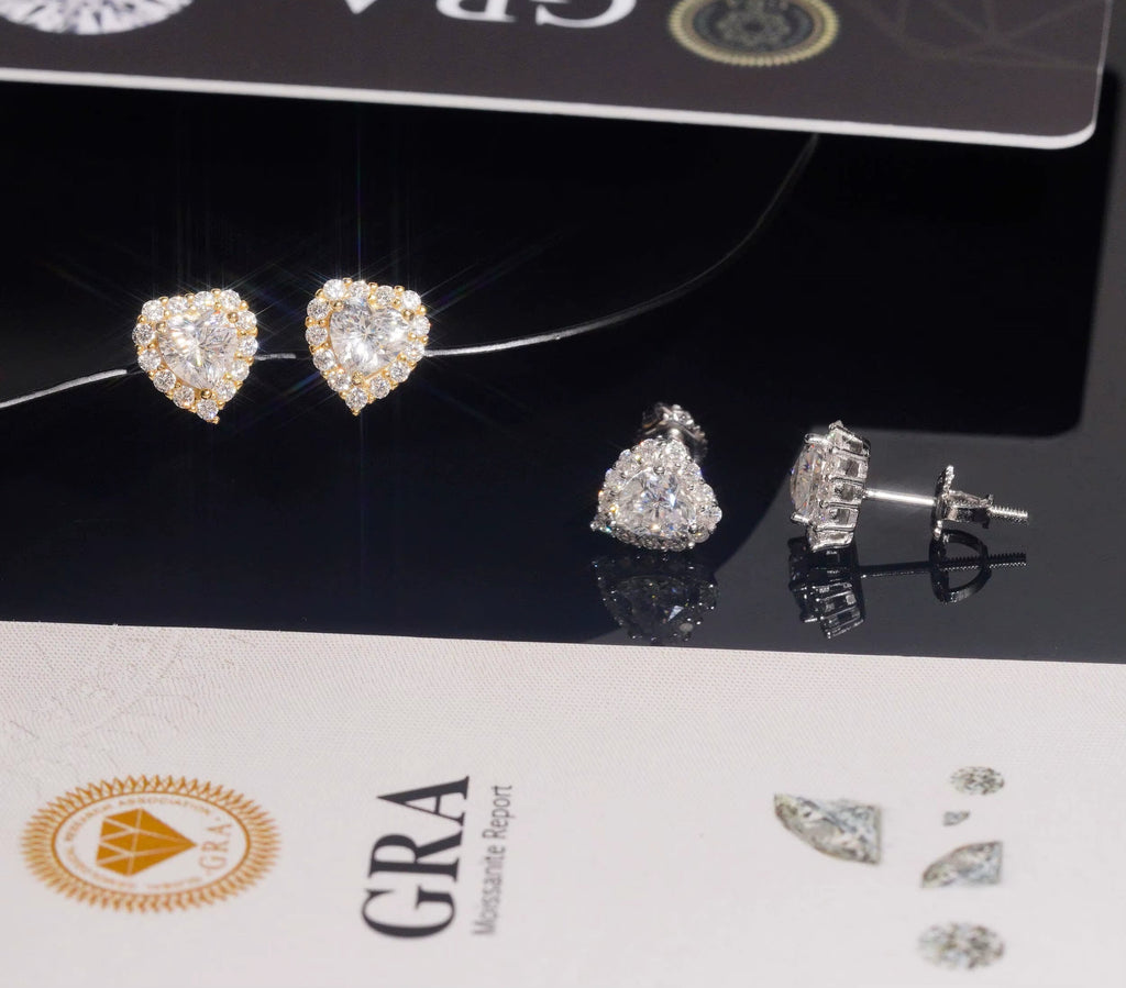 US Warehouse Fast Shipping Hip Hop Jewelry 925 Sterling Silver VVS Diamond Heart Cut Iced Out Moissanite Stud Earrings