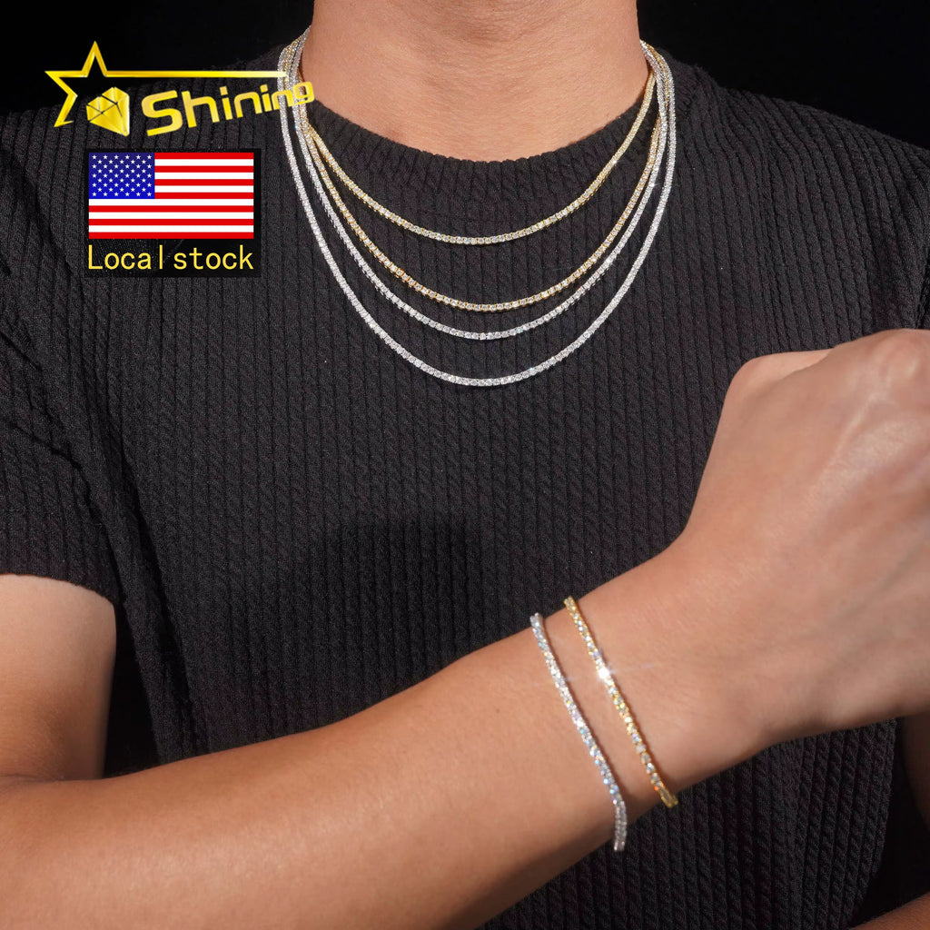 USA Warehouse Local Stock 2Mm Tennis Chain 925 Solid Silver Hip Hop Iced Out GRA Moissanite Diamond Sparkling Tennis Chain