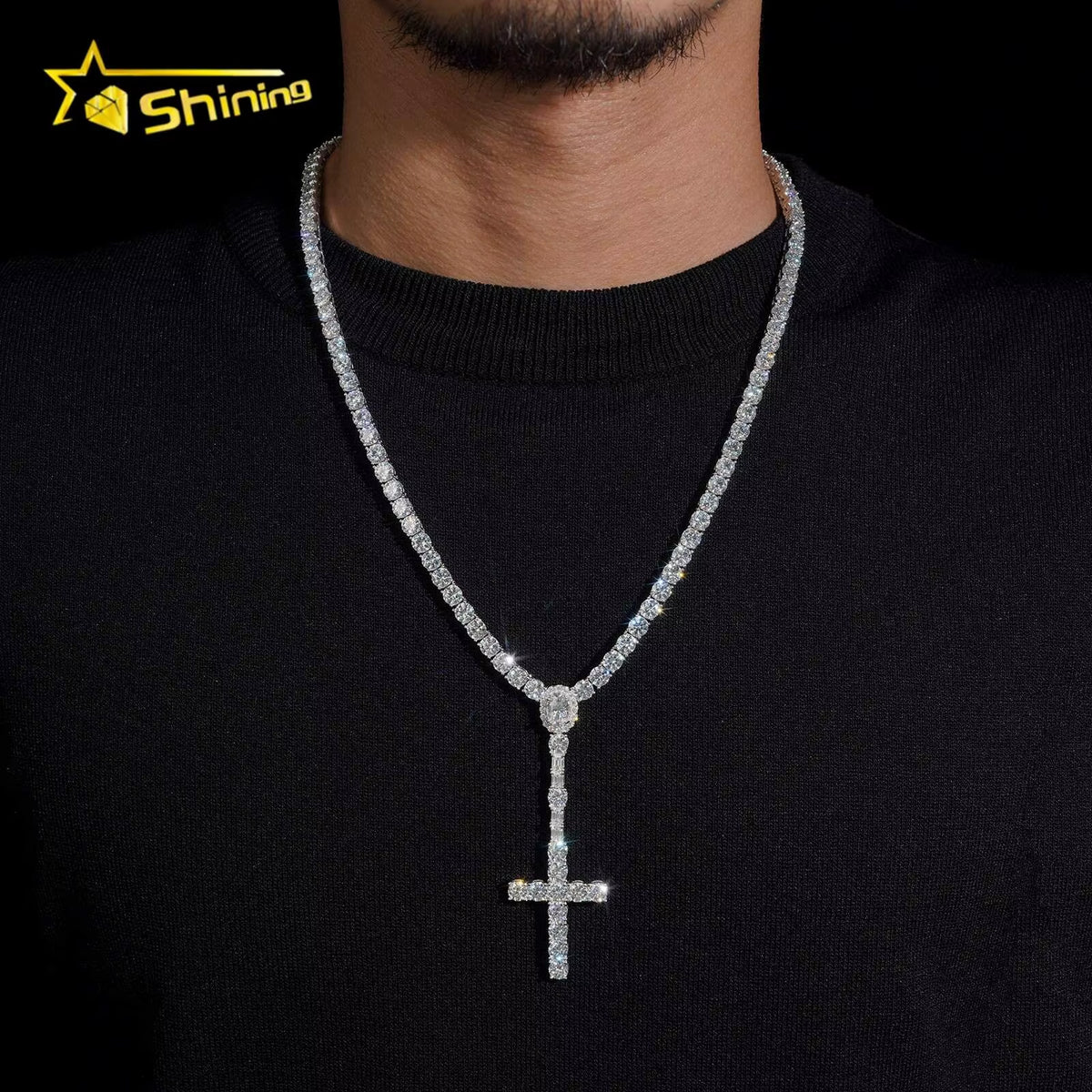Local Stock Fast Shipping 925 Sterling Silver Moissanite Cross Pendant Necklace 5Mm Rosary Tennis Chain