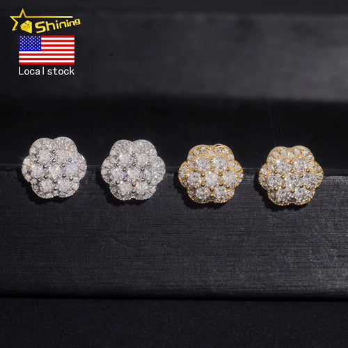 Fast Shipping USA Local Stock DVVS Moissanite Stud Earrings Flower Shape 925 Silver Iced Out Earrings Screw Back