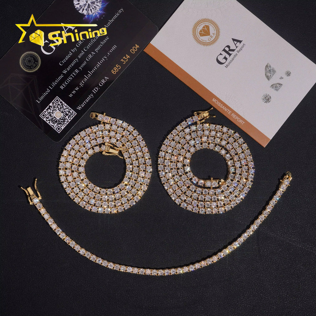 USA Warehouse Large Stock GRA Cert 3MM 925 Solid Silver Hip Hop Iced Out VVS Moissanite Diamond Tennis Chain Bracelet Necklace