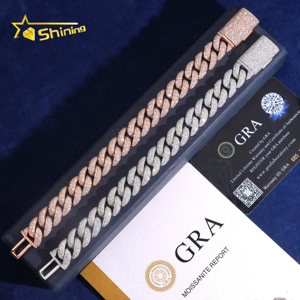 USA Warehouse Local Stock 14Mm Bracelet 925 Solid Silver Hip Hop Iced Out GRA Moissanite Diamond Sparkling Cuban Link Bracelet
