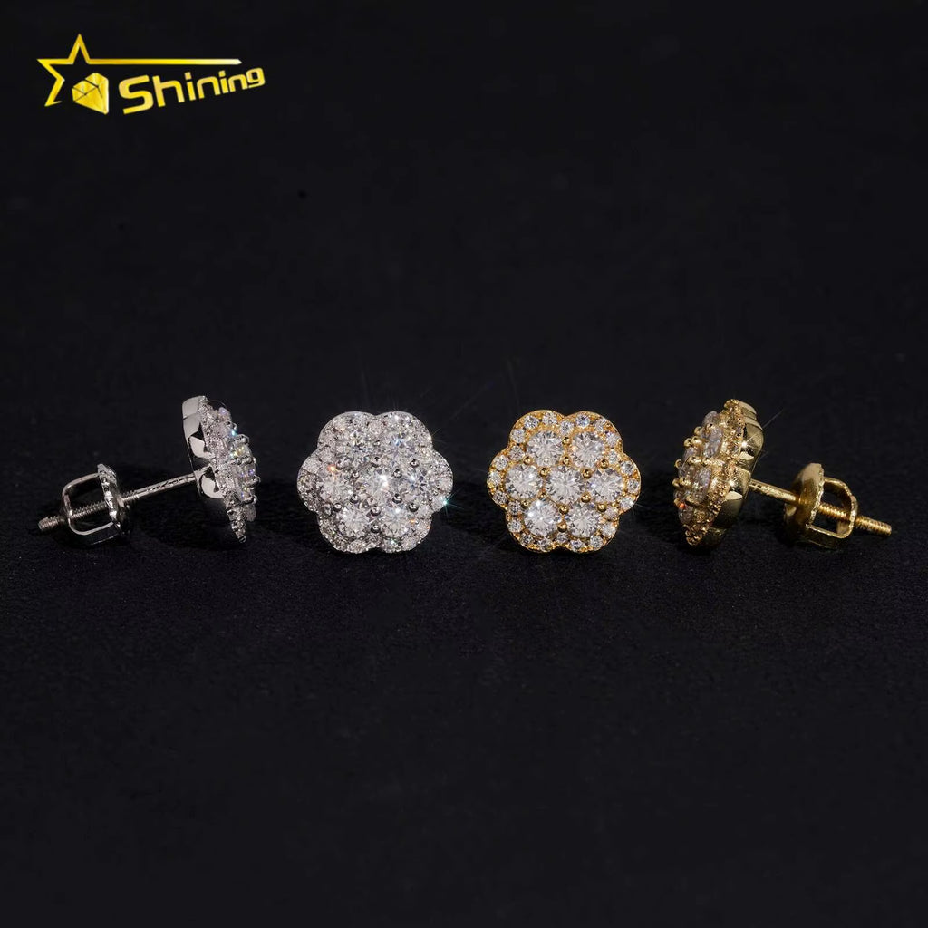 Fast Shipping USA Local Stock DVVS Moissanite Stud Earrings Flower Shape 925 Silver Iced Out Earrings Screw Back