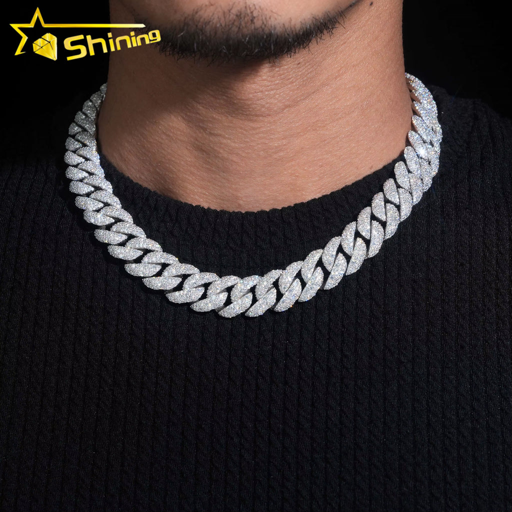 USA Warehouse Fast Shipping 15Mm 925 Solid Silver Hip Hop Jewelry Iced Out Moissanite Diamond Mosaic Setting Cuban Link Chain