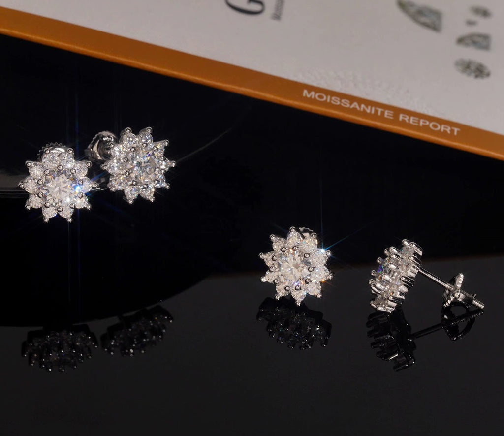 USA Local Stock Fast Shipping 925 Silver Hip Hop Flower Iced Out Men Moissanite Diamond Earrings