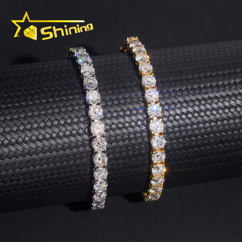Stock in USA Warehouse Hip Hop Fire Jewelry 6.5Mm Moissanite Prong Setting S925 Solid Silver Iced Out round Tennis Bracelet
