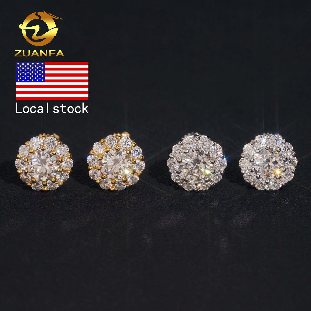 USA Warehouse Bulk in Stock Iced Out Lab Diamond Jewelry Hip Hop VVS Moissanite Silver 925 Stud Earrings