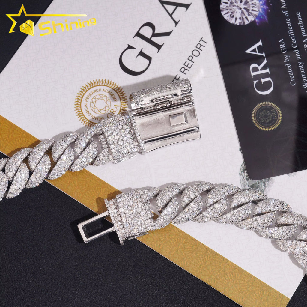 USA Warehouse Fast Shipping 15Mm 925 Solid Silver Hip Hop Jewelry Iced Out Moissanite Diamond Mosaic Setting Cuban Link Chain