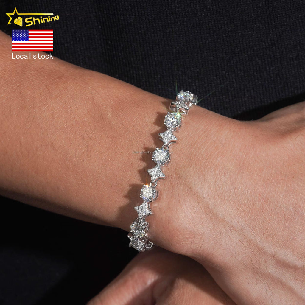 Stock in USA Warehouse Hip Hop Fire Jewelry 6.5Mm Moissanite Prong Setting S925 Solid Silver Iced Out round Tennis Bracelet