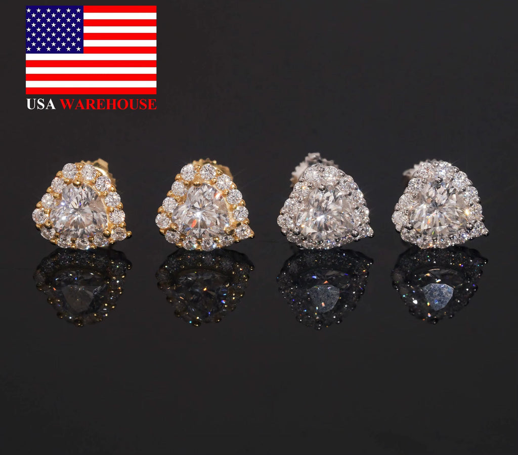 US Warehouse Fast Shipping Hip Hop Jewelry 925 Sterling Silver VVS Diamond Heart Cut Iced Out Moissanite Stud Earrings