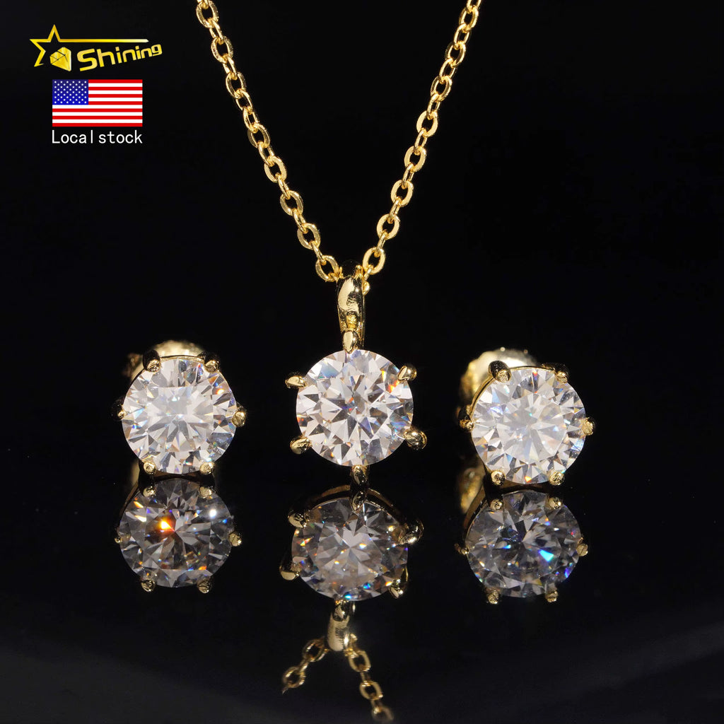 USA Warehouse Ladies Fine Jewelry Set 925 Silver Classic 6 Prongs round Moissanite Earrings and Pendant Necklace Daily Wear
