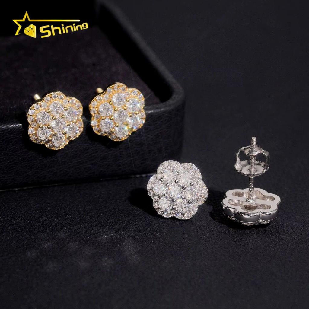 Fast Shipping USA Local Stock DVVS Moissanite Stud Earrings Flower Shape 925 Silver Iced Out Earrings Screw Back