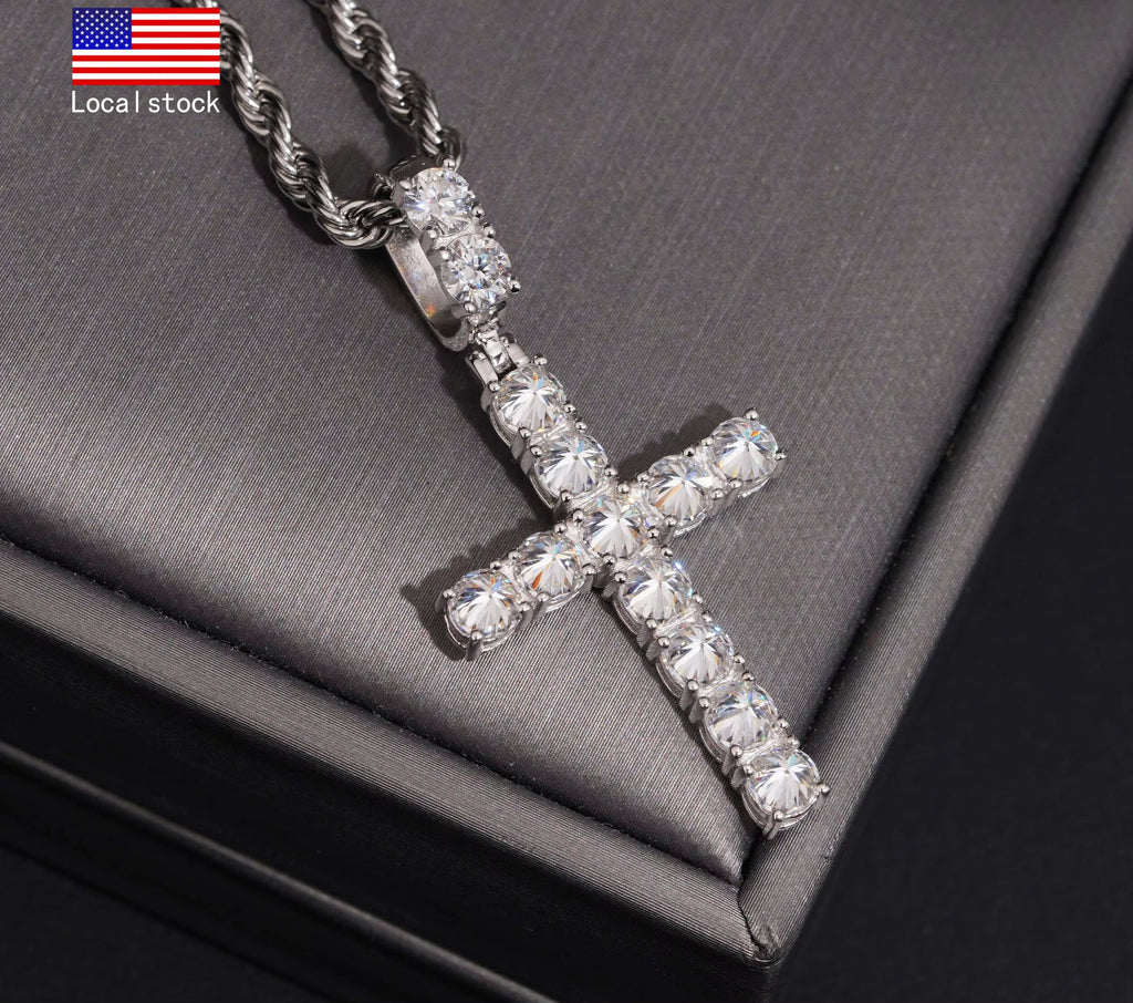 USA Local Stock New Reverse Setting Hip Hop Pendant Charm Cross Moissanite Pendant Custom 925 Silver Custom Pendant Moissanite