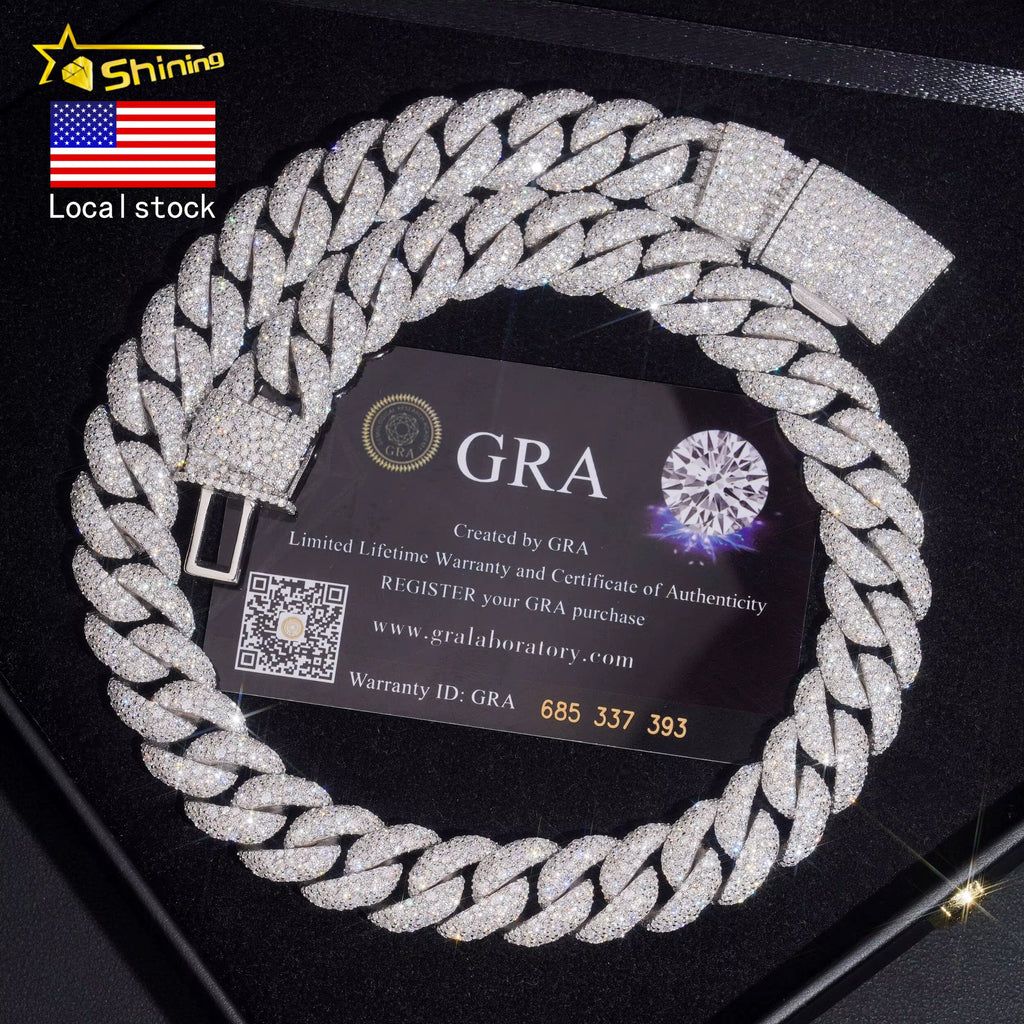 USA Warehouse Fast Shipping 15Mm 925 Solid Silver Hip Hop Jewelry Iced Out Moissanite Diamond Mosaic Setting Cuban Link Chain