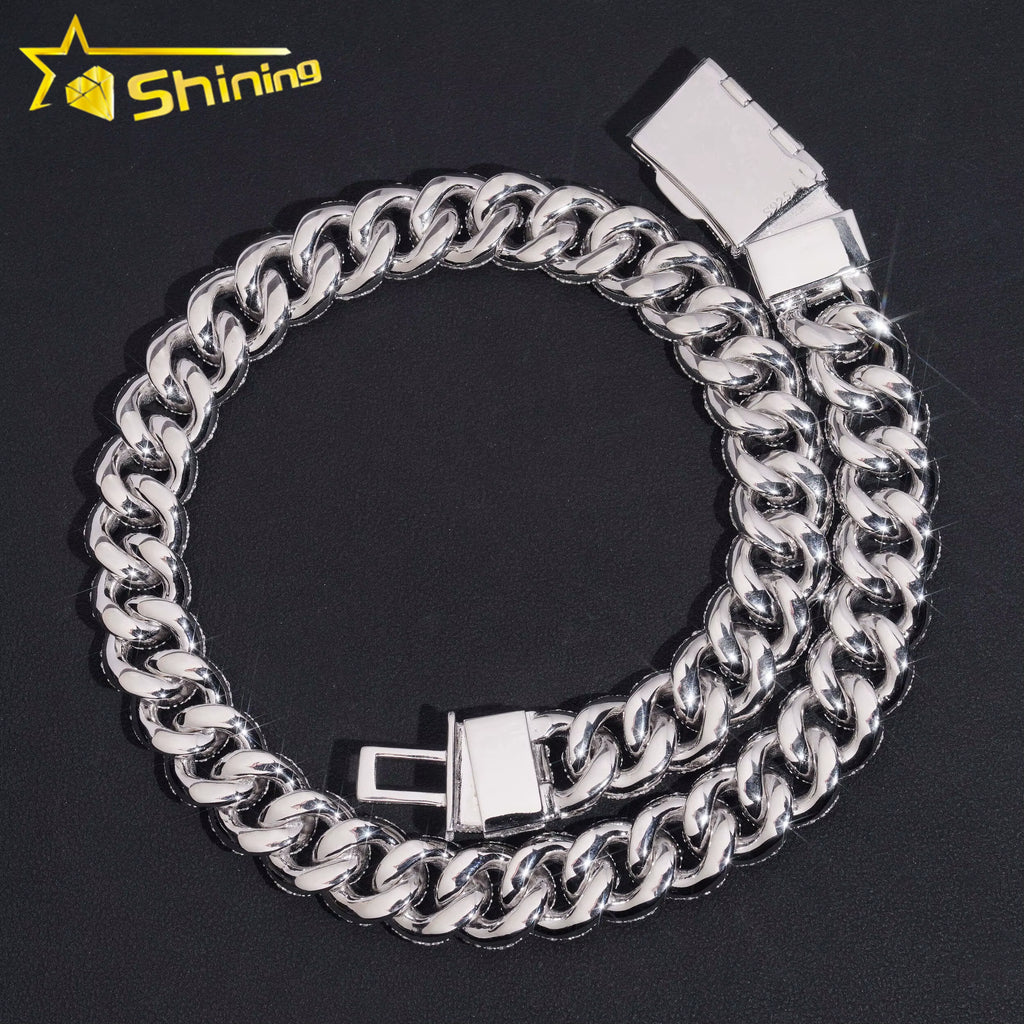 USA Warehouse Fast Shipping 15Mm 925 Solid Silver Hip Hop Jewelry Iced Out Moissanite Diamond Mosaic Setting Cuban Link Chain