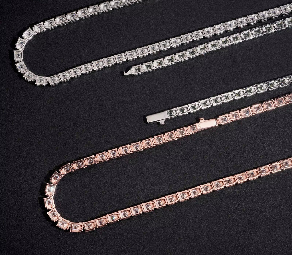 Pass Diamond Tester Hip Hop Popular 925 Silver 5*5Mm Asscher Cut Moissanite Tennis Chain Necklace