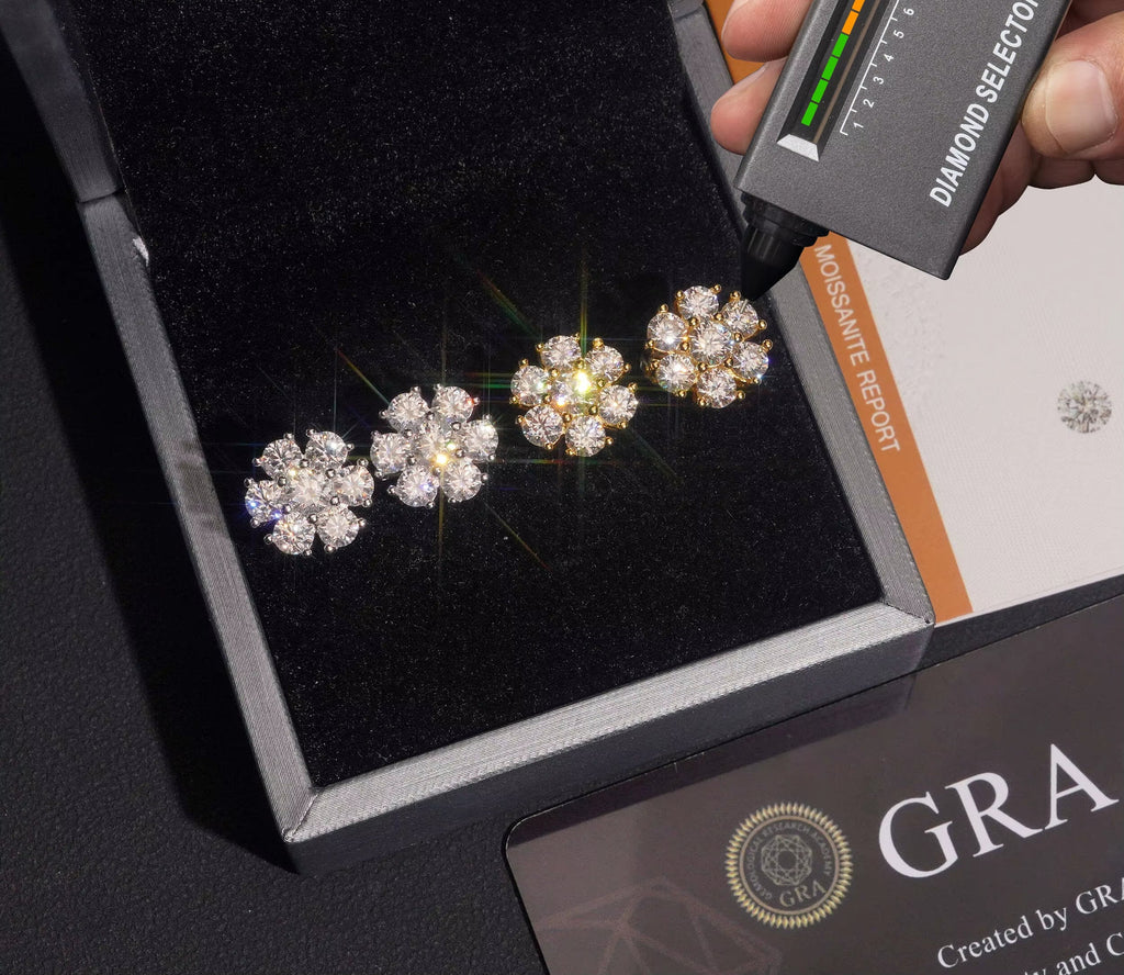 USA Warehouse Fast Delivery Cluster Moissanite Flower Stud Earrings Hip Hop 925 Sterling Silver VVS Moissanite Diamond Earrings