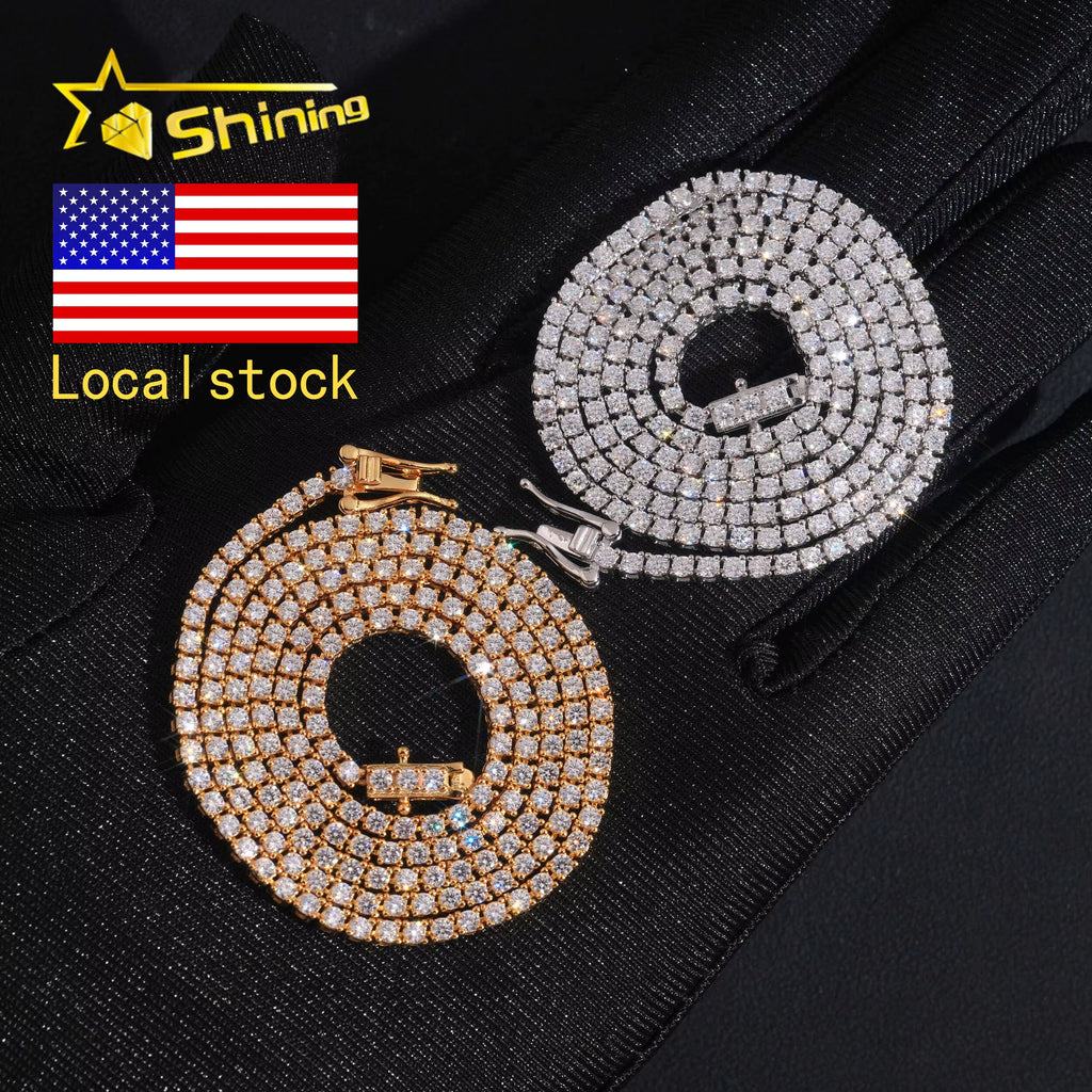 USA Warehouse Local Stock 2Mm Tennis Chain 925 Solid Silver Hip Hop Iced Out GRA Moissanite Diamond Sparkling Tennis Chain