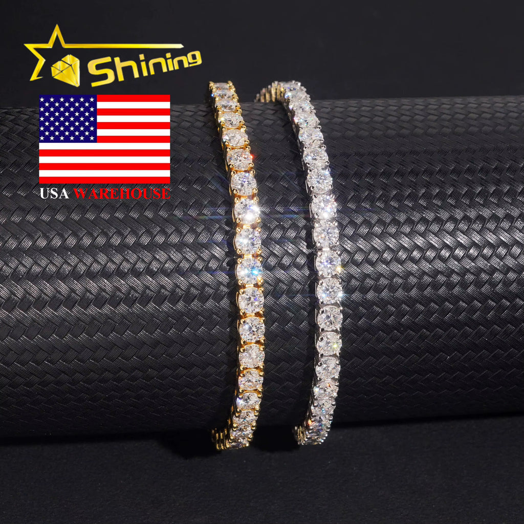 USA Warehouse Local Stock GRA Cert 4MM 925 Solid Silver Hip Hop Iced Out VVS Moissanite Diamond Tennis Chain Bracelet