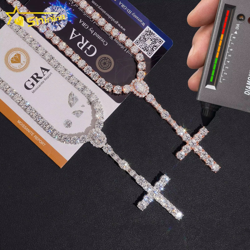 Local Stock Fast Shipping 925 Sterling Silver Moissanite Cross Pendant Necklace 5Mm Rosary Tennis Chain