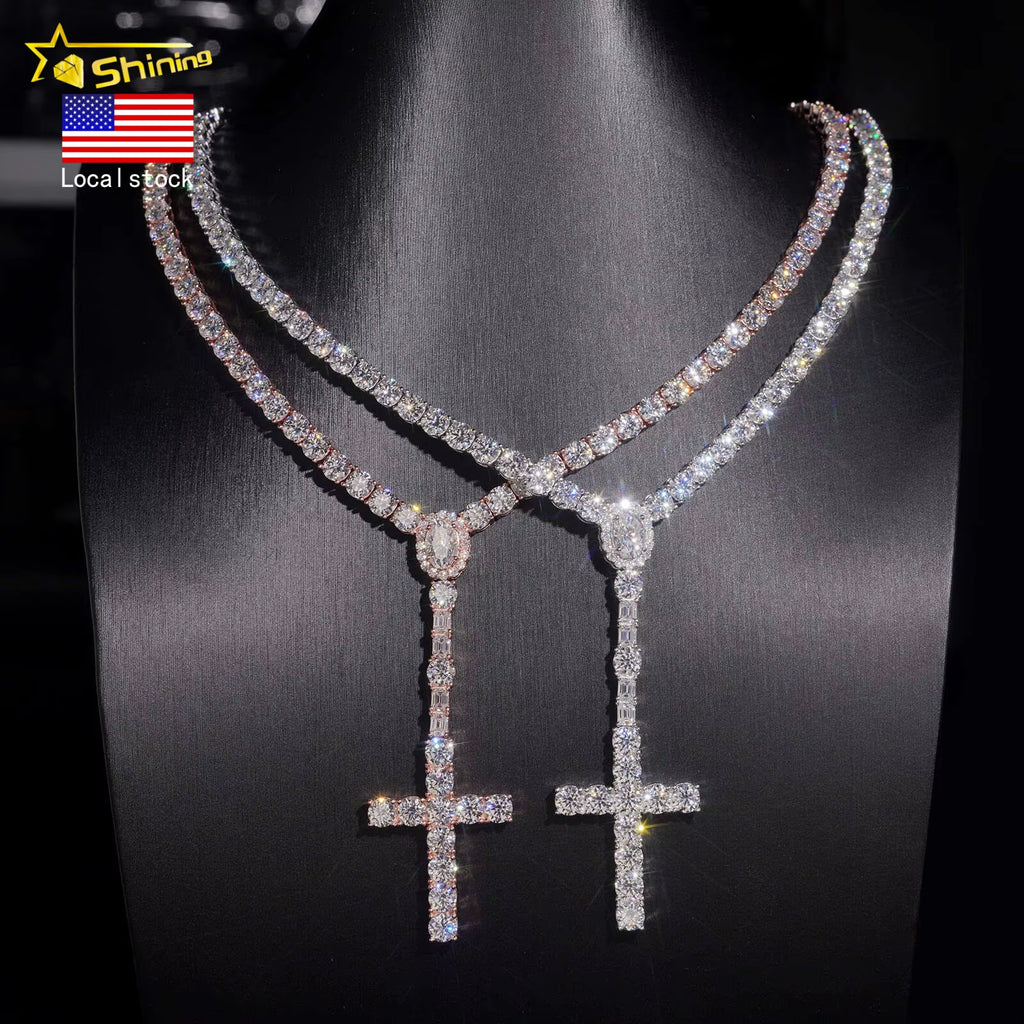 Local Stock Fast Shipping 925 Sterling Silver Moissanite Cross Pendant Necklace 5Mm Rosary Tennis Chain