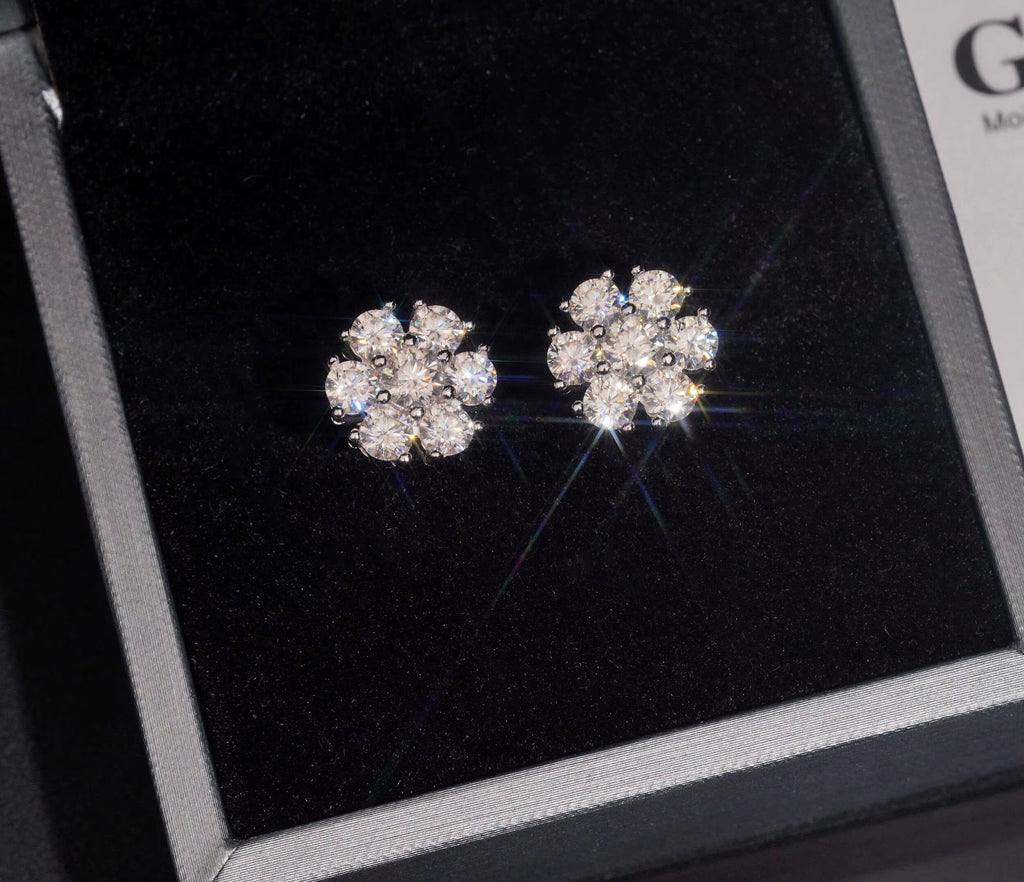 USA Warehouse Fast Delivery Cluster Moissanite Flower Stud Earrings Hip Hop 925 Sterling Silver VVS Moissanite Diamond Earrings