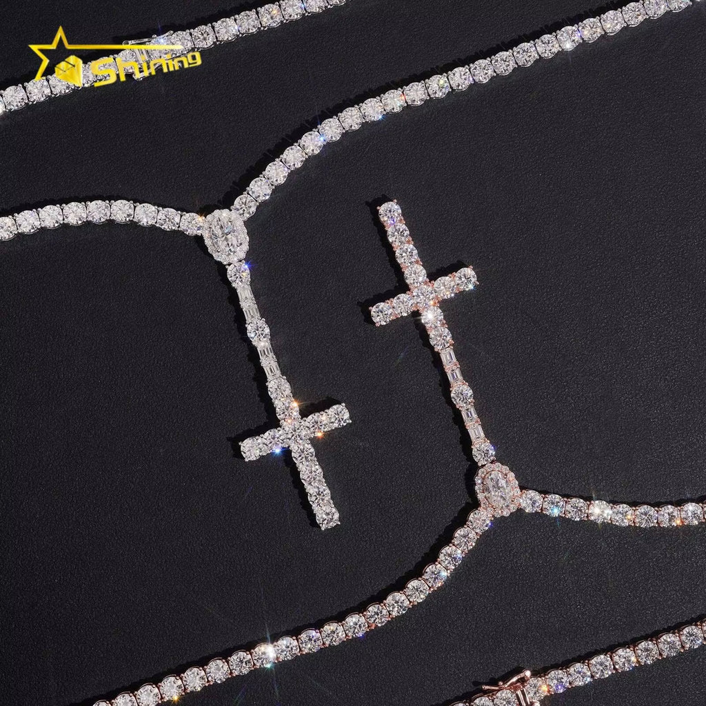 Local Stock Fast Shipping 925 Sterling Silver Moissanite Cross Pendant Necklace 5Mm Rosary Tennis Chain