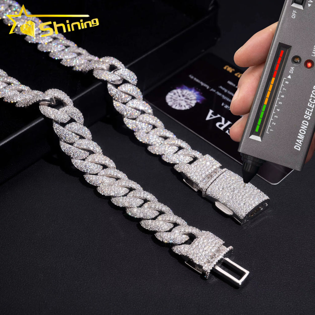 USA Warehouse Fast Shipping 15Mm 925 Solid Silver Hip Hop Jewelry Iced Out Moissanite Diamond Mosaic Setting Cuban Link Chain