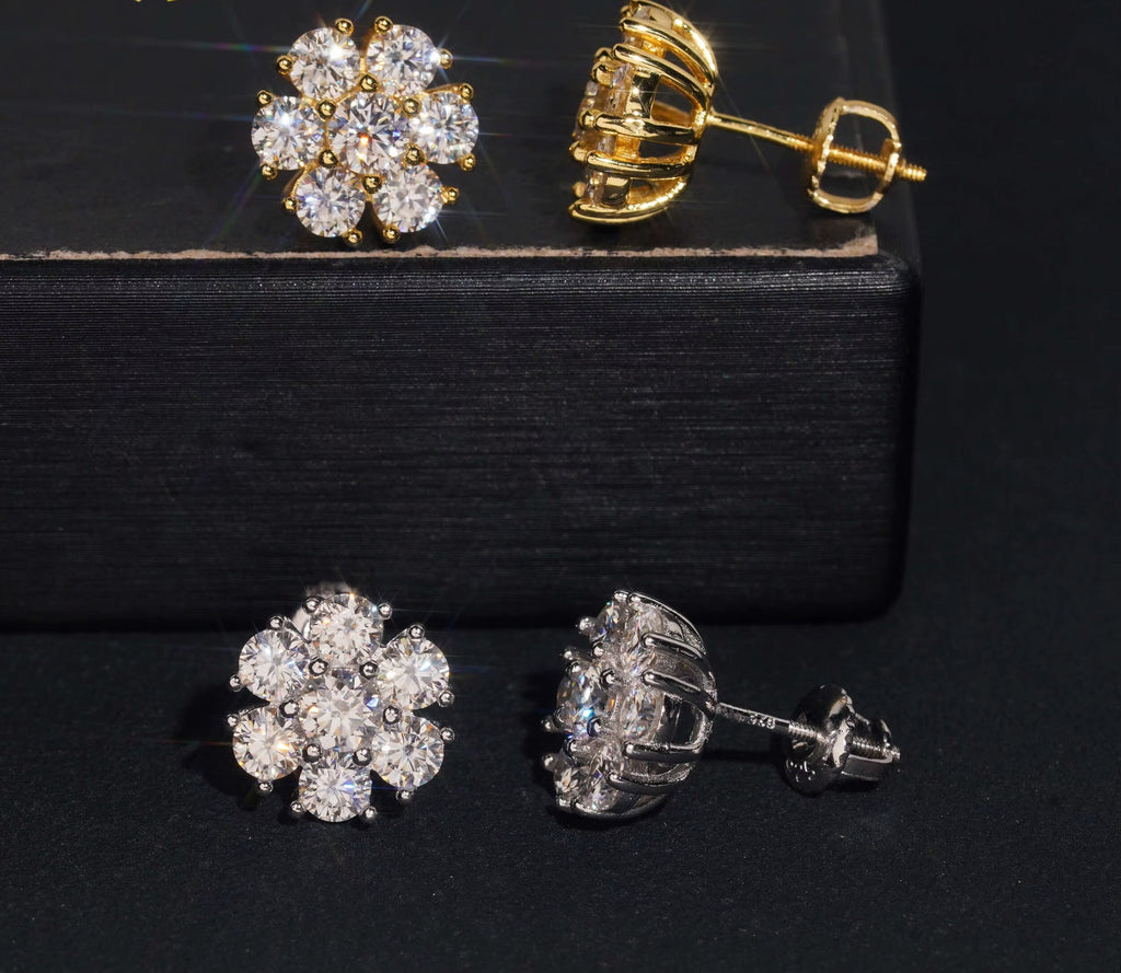USA Warehouse Fast Delivery Cluster Moissanite Flower Stud Earrings Hip Hop 925 Sterling Silver VVS Moissanite Diamond Earrings