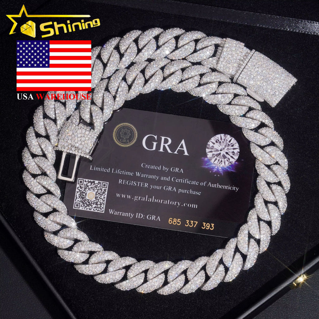 USA Warehouse Fast Shipping 15Mm 925 Solid Silver Hip Hop Jewelry Iced Out Moissanite Diamond Mosaic Setting Cuban Link Chain