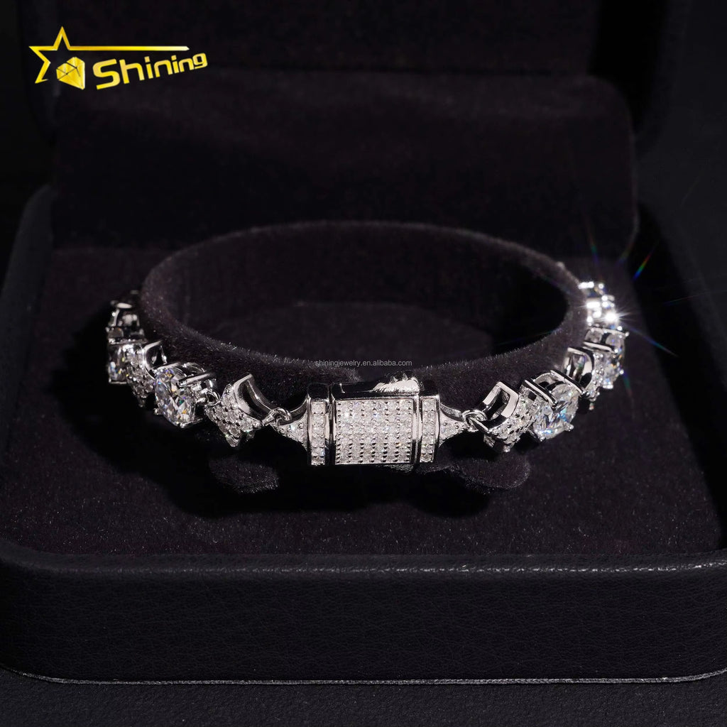 Stock in USA Warehouse Hip Hop Fire Jewelry 6.5Mm Moissanite Prong Setting S925 Solid Silver Iced Out round Tennis Bracelet