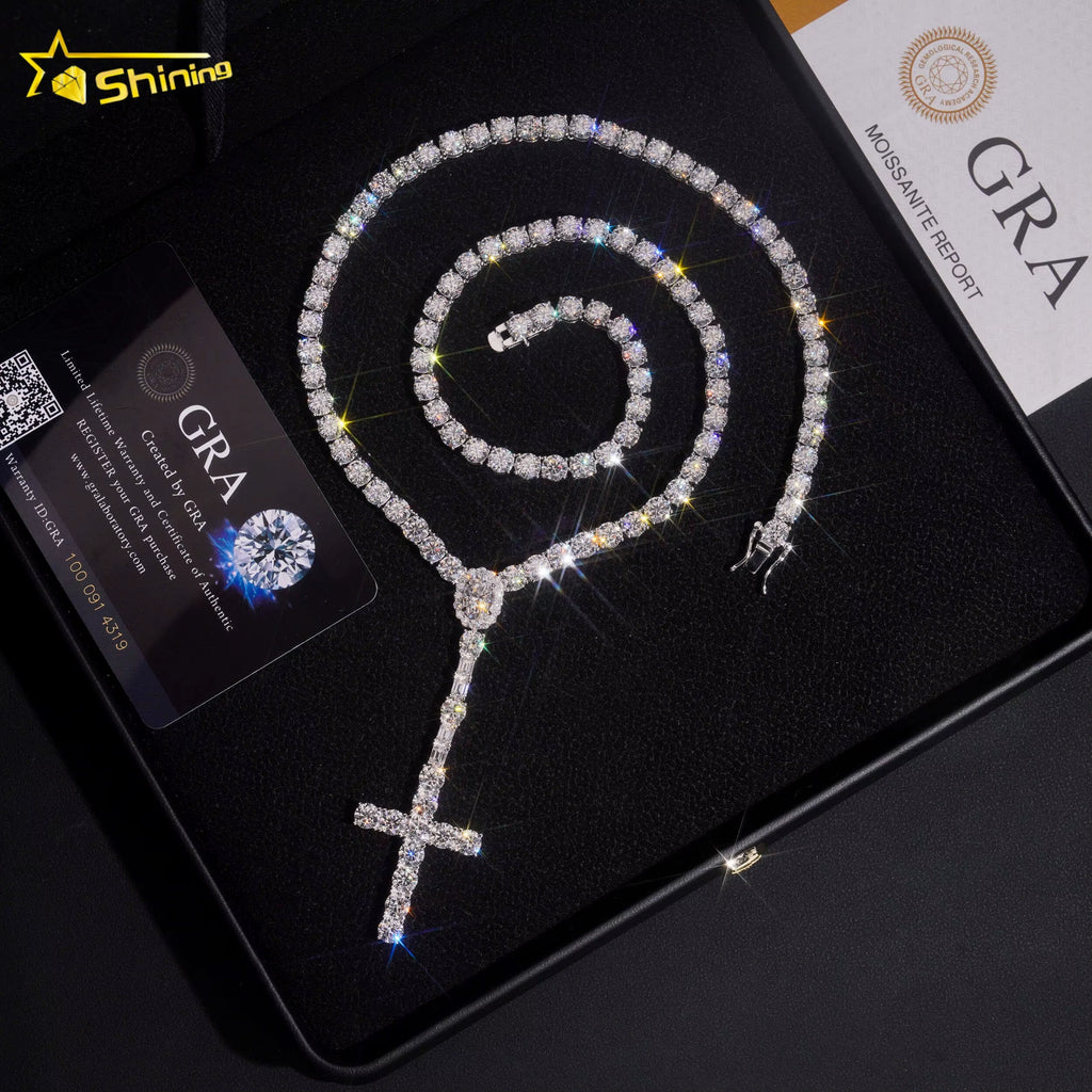 Local Stock Fast Shipping 925 Sterling Silver Moissanite Cross Pendant Necklace 5Mm Rosary Tennis Chain