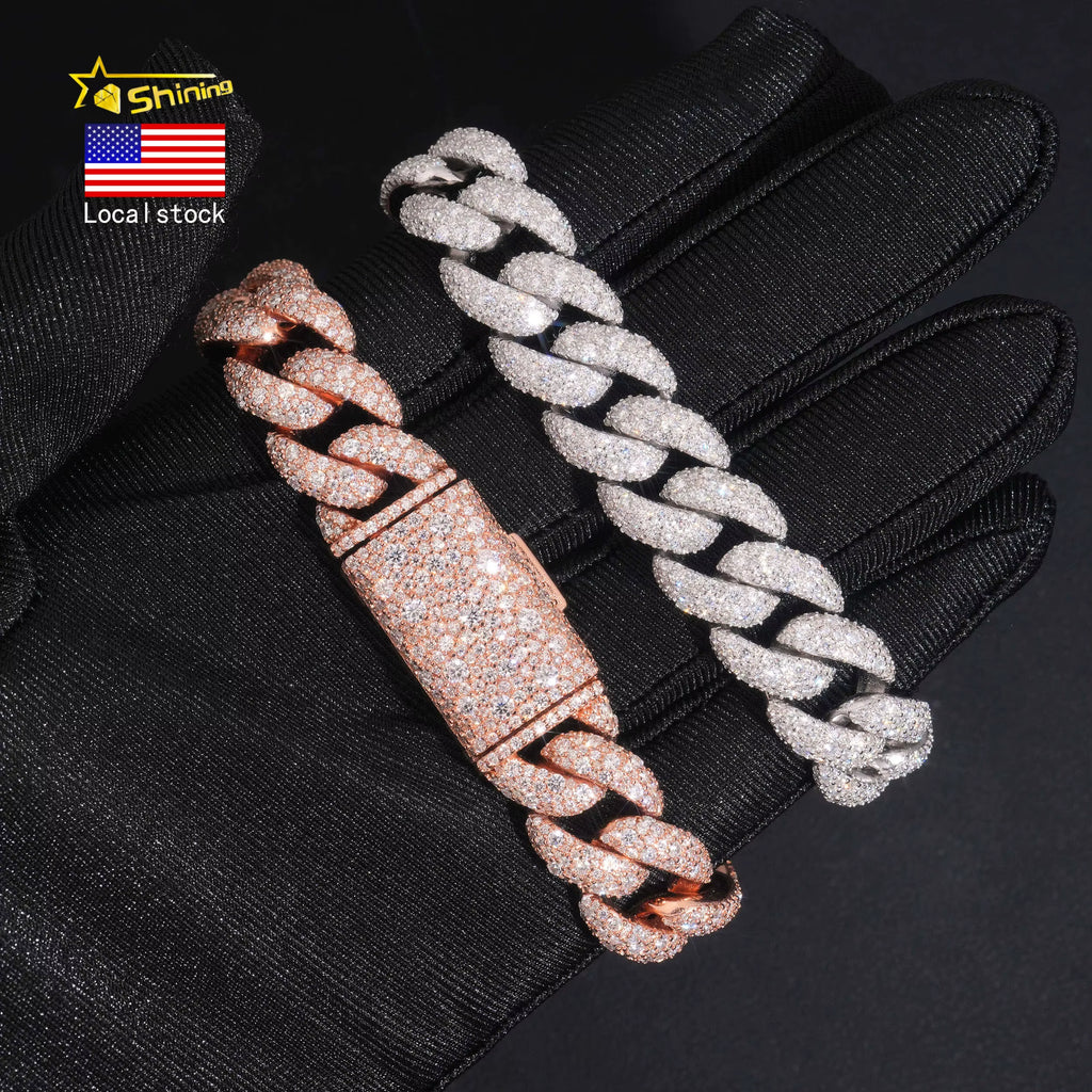 USA Warehouse Local Stock 14Mm Bracelet 925 Solid Silver Hip Hop Iced Out GRA Moissanite Diamond Sparkling Cuban Link Bracelet