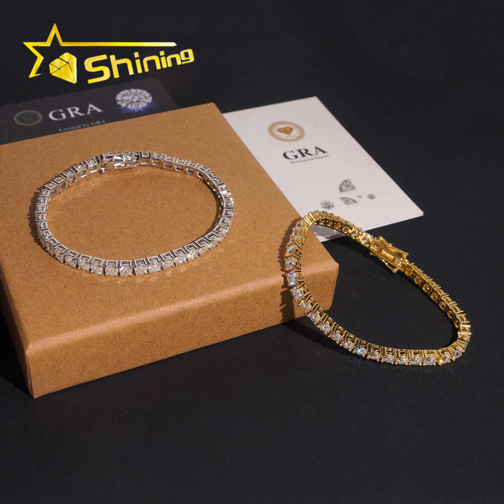 USA Warehouse Local Stock GRA Cert 4MM 925 Solid Silver Hip Hop Iced Out VVS Moissanite Diamond Tennis Chain Bracelet
