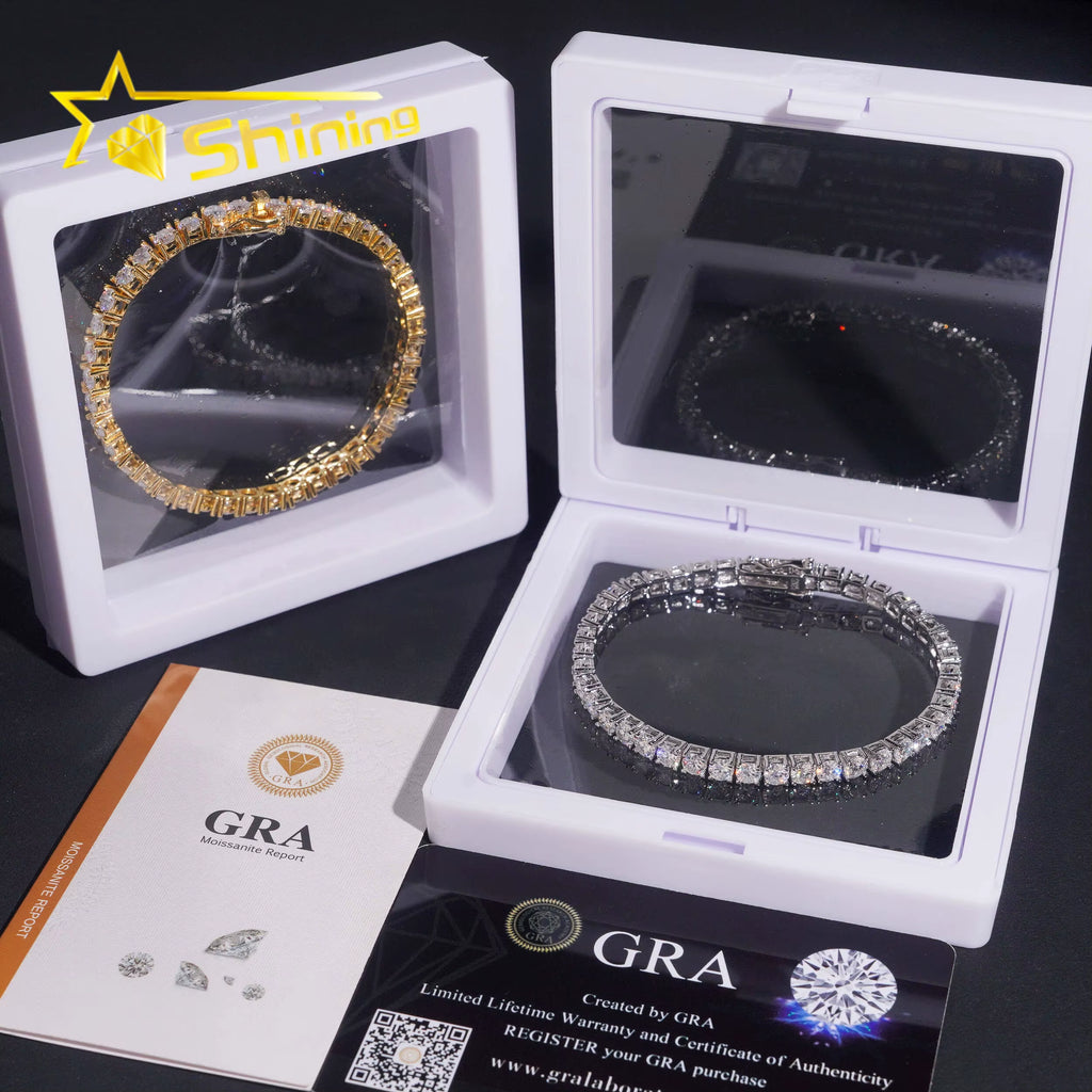 USA Warehouse Local Stock GRA Cert 4MM 925 Solid Silver Hip Hop Iced Out VVS Moissanite Diamond Tennis Chain Bracelet