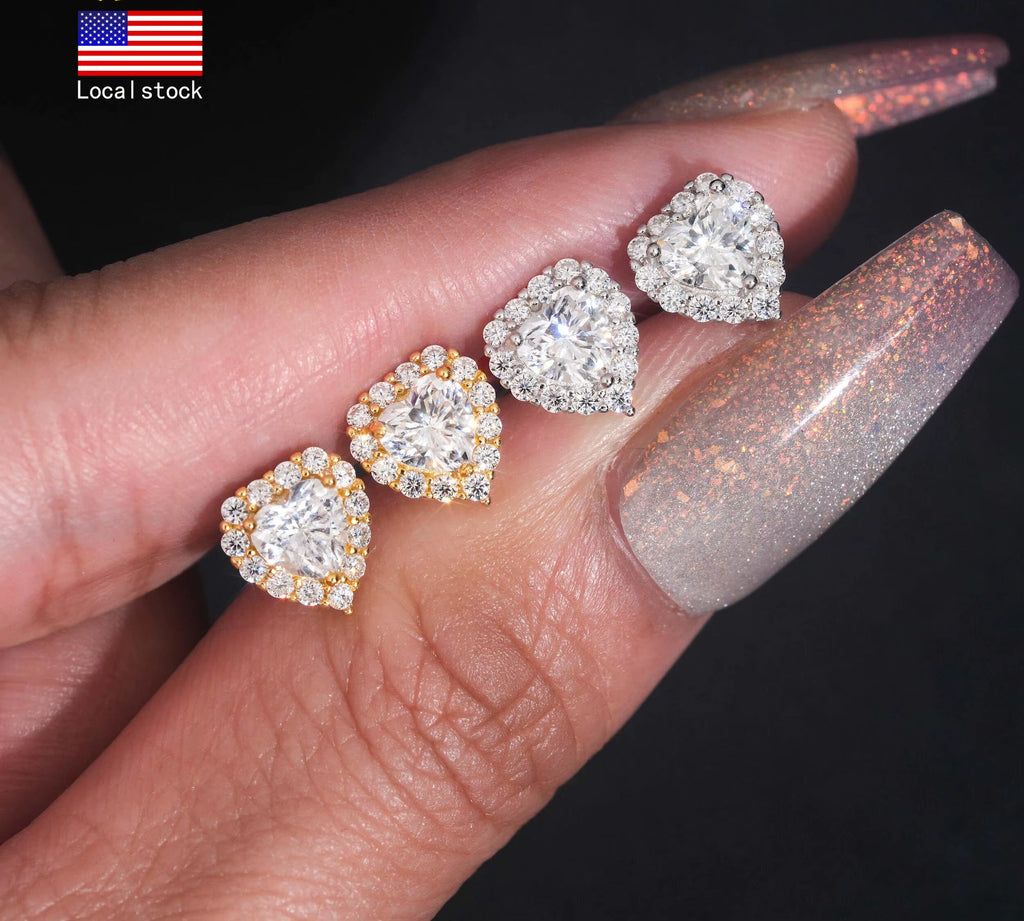 US Warehouse Fast Shipping Hip Hop Jewelry 925 Sterling Silver VVS Diamond Heart Cut Iced Out Moissanite Stud Earrings