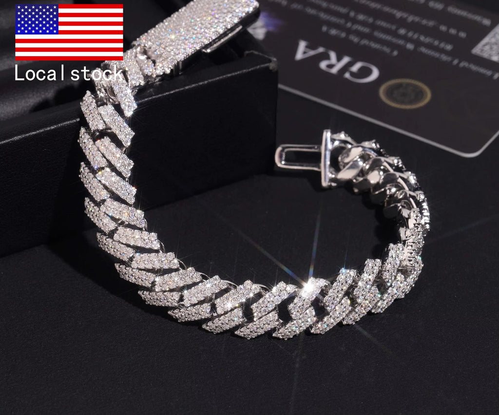 USA Local Fast Shipping 12MM Custom Hip Hop Jewelry Iced Out Diamond 925 Silver VVS Moissanite Cuban Link Chain Bracelet