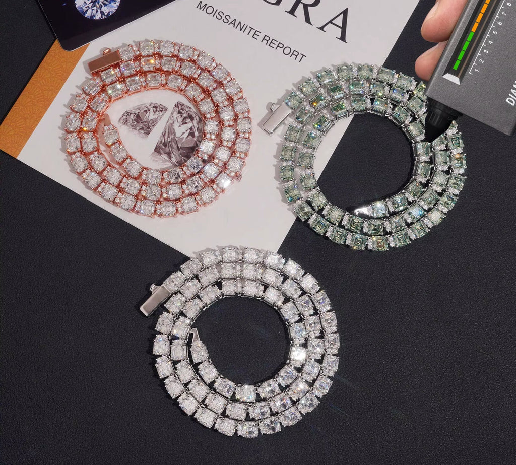 Pass Diamond Tester Hip Hop Popular 925 Silver 5*5Mm Asscher Cut Moissanite Tennis Chain Necklace