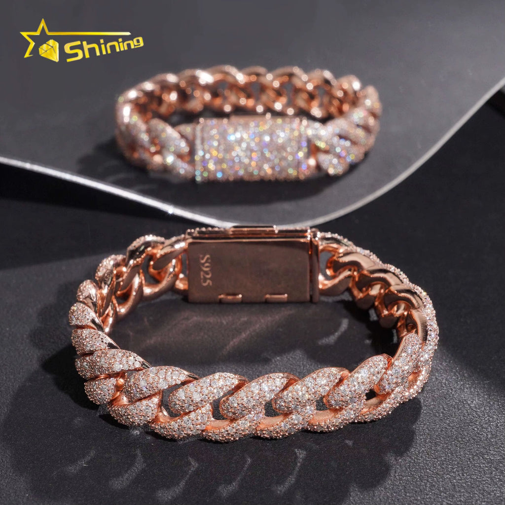USA Warehouse Local Stock 14Mm Bracelet 925 Solid Silver Hip Hop Iced Out GRA Moissanite Diamond Sparkling Cuban Link Bracelet