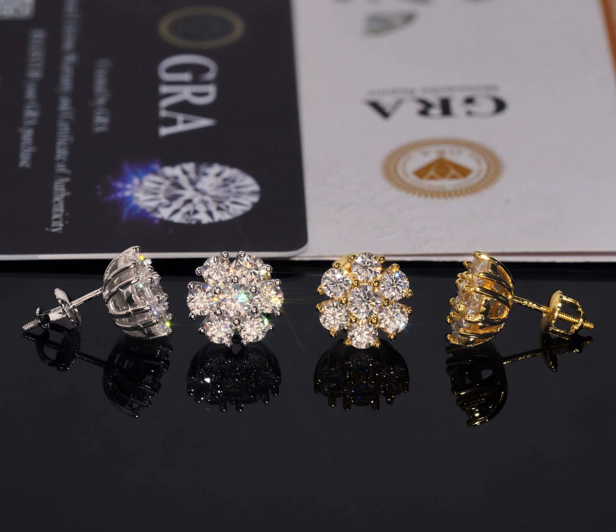 USA Warehouse Fast Delivery Cluster Moissanite Flower Stud Earrings Hip Hop 925 Sterling Silver VVS Moissanite Diamond Earrings